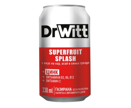Газирана Напитка DrWitt Splash с Витамини и Вкус на Нар, Асай и Синьо Грозде 330 мл