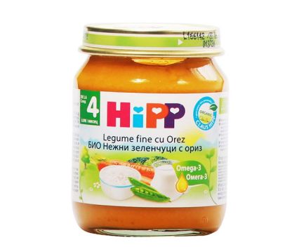 Зеленчуково пюре HIPP Био нежни зеленчуци с ориз, след 4 месец, 125 г