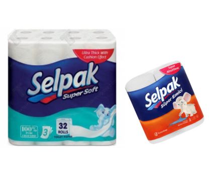 Пакет: Selpak - тоалетна хартия 32 бр + домакински ролки 4 бр