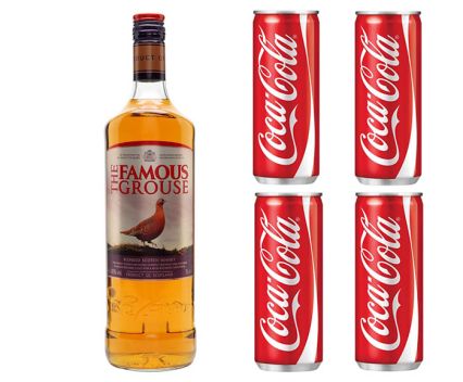 Пакет: Уиски The Famous Grouse 1л + Подарък 4бр Coca Cola кен
