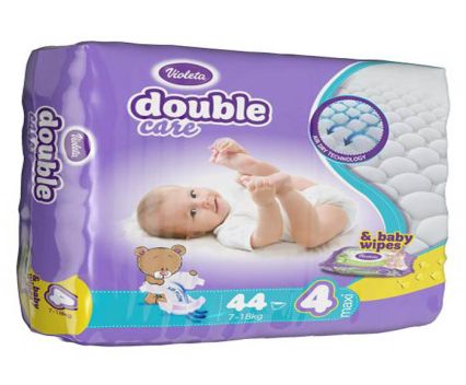 Пелени Violeta Double Care 4 (7-18кг) 44бр + мокри кърпички