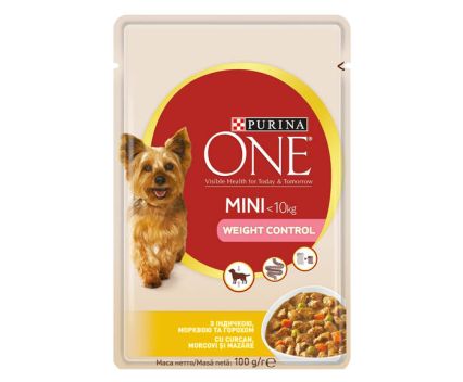 Храна за кучета Purina ONE Mini Weight Control, пауч за кучета от дребни породи за контрол на теглото, с Пуйка и Моркови, 100 г