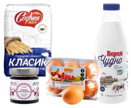 Пакет: Сладко от Черни Боровинки Еко Ферма Черга 220 г + Брашно София Мел Класик 1 кг + Яйца Медковец 6 бр + Прясно Мляко Верея Чудно 3,7% 1 л