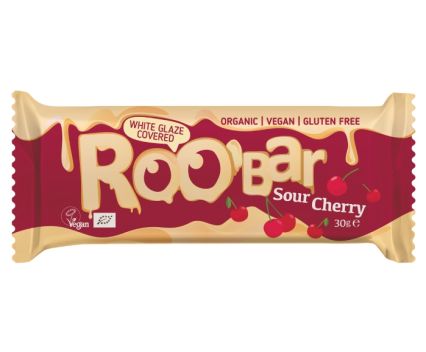 Био Бар Roo'Bar с Вишни Покрит с Бял Шоколад 30 г - Без Глутен, Веган