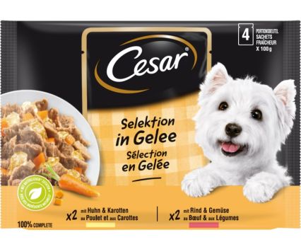 Храна за Куче Cesar Пилешко и Говеждо в Желе Пауч 4 бр х 100 г