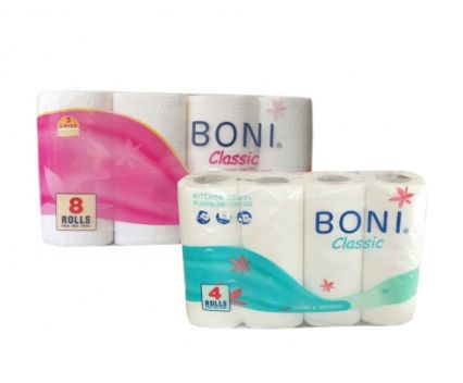 Пакет: Тоалетна хартия Boni 8бр + Домакински ролки Boni 4бр